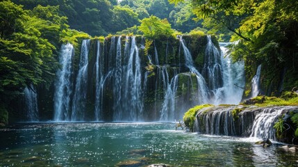 Cascading waterfall in lush forest