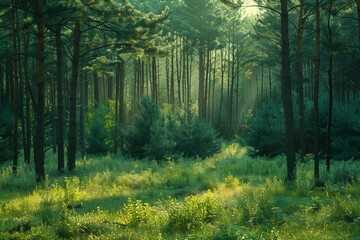 Fototapeta premium Magic pinewood lawn. Dark toned green forest. Beautiful natural background