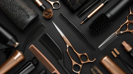 Hairdressing supplies on a dark background, hairdressing tools, scissors, comb. Beauty salon concept.
