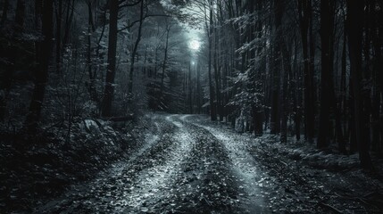Moonlit pathway through dark woods