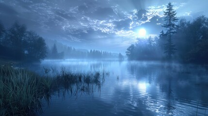 Fototapeta premium Serene lake reflecting moonlight