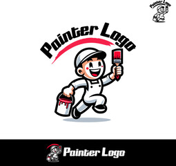 Painter logo for painters and Painting Company Design. Painter's Brand mascot with paintbrush and paint bucket of red paint in full color and black and white