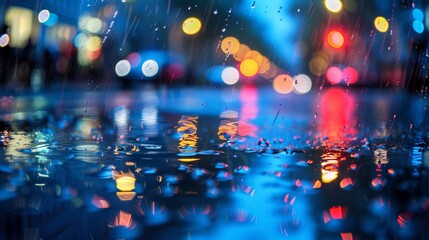 Fototapeta premium Blurred city lights and raindrops in the streets at night, creating an atmosphere of mystery and tranquility. The focus is on reflections in puddles on the wet pavement.