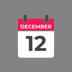 December 12 calendar reminder. 12 December daily calendar icon template. Calendar 12 December icon Design template. Vector illustration
