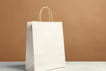 Eine große. helle Einkaufstasche auf braunem Hintergrund, blanko, copy space