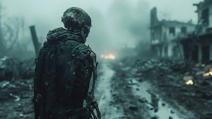Fototapeta premium Emergent Strain: An Emaciated Survivor Amidst Chaotic Destruction Signals a Fragile Hope