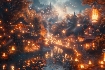 Enchanted Autumn Festival: A Magical Small Town Illuminated by Floating Lanterns and Golden Leaves