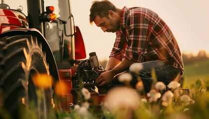 A farmer in a red plaid shirt and jeans is repairing a tractor in a field of flowers