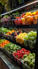 A photo of a grocery store produce section with a variety of fruits and vegetables on display