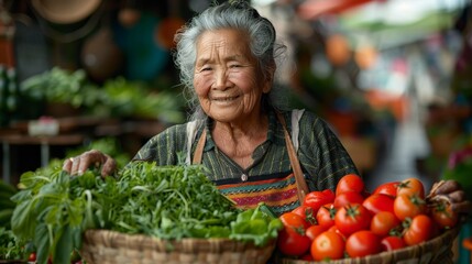 An elderly woman smiles while selling fresh produce at a market.
