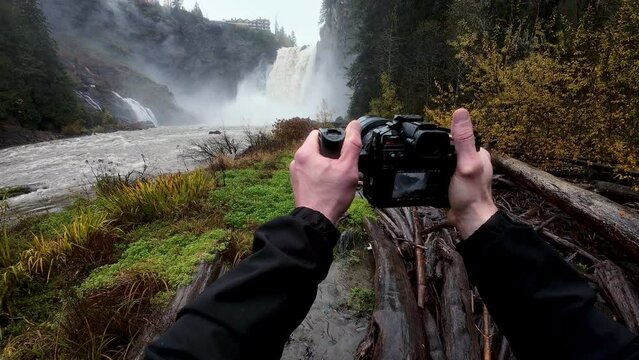 First Person View of Camera Capturing Waterfall in Washington