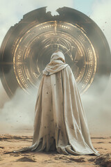 futuristic monk with a mask and robe, cloaked person in the desert, religious digital circle in the background, fantasy or science fiction book cover illustration