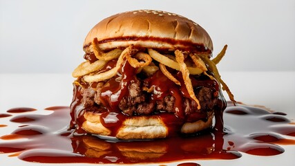 Dive into a mouthwatering BBQ burger with barbecue sauce and crispy onion rings, set on white.
