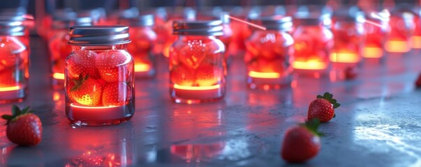 Futuristic 3D graphic of multiple strawberry jam jars lined up with glowing edges, emphasizing modern packaging design