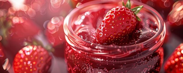 Detailed 3D model of an open jar of strawberry jam, showcasing glistening fruit pieces and a...