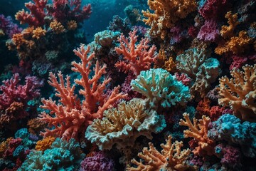 A colorful coral reef with many different colored sea plants