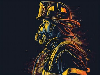 firefighter wearing full gear, black background