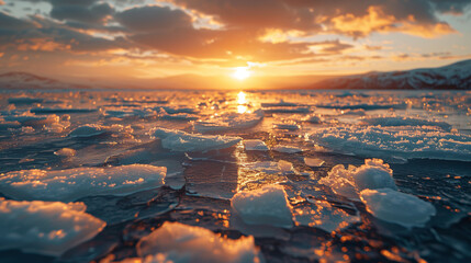 Stunning view of massive Arctic icebergs illuminated by the warm glow of the setting sun, reflecting vibrant colors on the icy waters. Climate change global warming concept. - Powered by Adobe