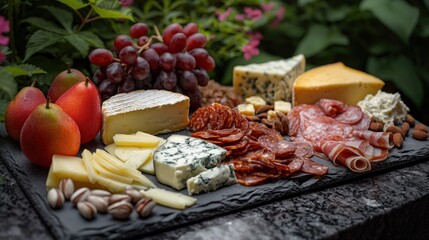 Fototapeta premium A beautifully arranged charcuterie board with a variety of cheeses, cured meats, fruits, and nuts, set on a slate board in a garden setting.