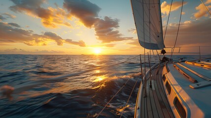 Sailing yacht sailing in the open sea at sunset, view from deck to cabin of luxury sailboat. 
