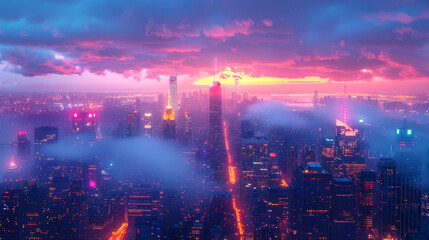 City skyline at twilight with vibrant colors and fog
