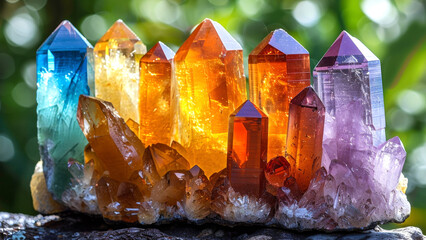 Row of colorful crystal points on natural background