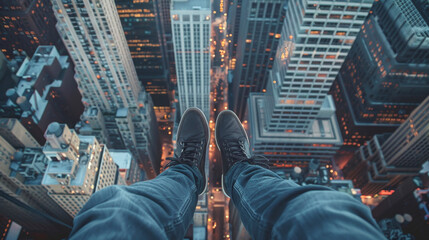 Person's legs hanging over a city street from a high rise - Powered by Adobe