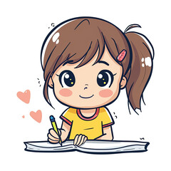 Cute cartoon girl writing illustration. Cartoon girl character.