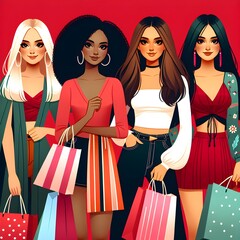 Group of beautiful women with shopping bags. Vector illustration in cartoon style.