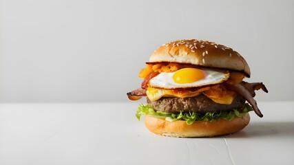 Dive into a breakfast treat - a burger with a fried egg and crispy hash browns, displayed on a white backdrop.
