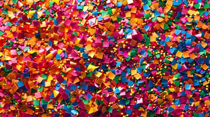 Obraz premium Colorful confetti and ribbons on bokeh background.