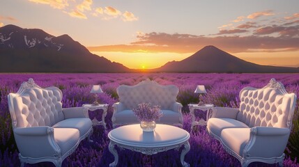 A chic bridal lounge area set in a lavender field, with elegant furniture and a backdrop of...