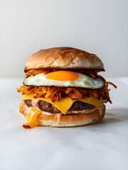 Indulge in a morning delight - a breakfast burger with a fried egg and hash browns, presented on a...