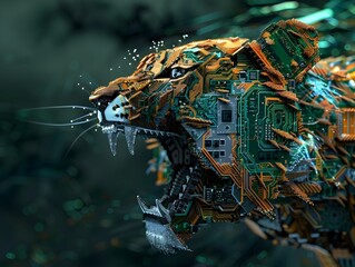 Technologically-Engineered Cybernetic Lion Unleashes Primal Roar in Futuristic Fusion of Nature and Digital Realm