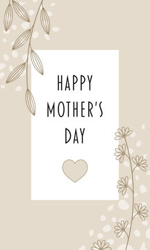 Happy Mother&rsquo;s Day - Schriftzug in englischer Sprache - Sch&ouml;nen Muttertag. Gru&szlig;karte mit Blumen und Herz in Sandfarben.