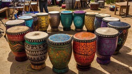 A circle of large, hand-painted drums set up for a drum circle at a music festival, with intricate patterns and designs.