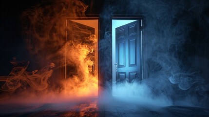 Obraz premium Choosing path concept, two door in a dark room with smoke coming out.