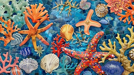 ceramic glossy colorful pattern sea themed, corals, shells, fish, vibrant