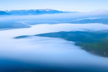 Fototapeta premium fog over green forest on mountain, dense forests green covered with thick gray fog. Beauty rainforest landscape with fog in morning. 