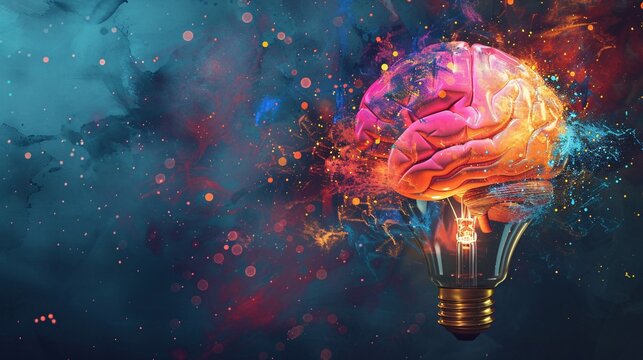 human brain and light bulb on abstract colorful background. Idea and Brainstorming concept.