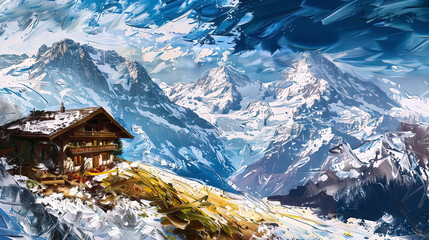 Alpine refuge amidst snowy peaks