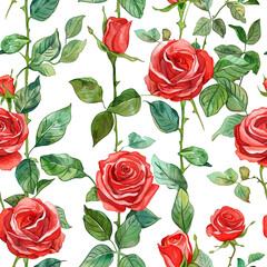 Rosebush Watercolor Cartoon Pattern, Seamless Pattern