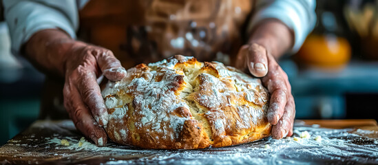 hands of cook serving a Soda Bread. Soda bread is a quick bread made from flour, baking soda, salt,...