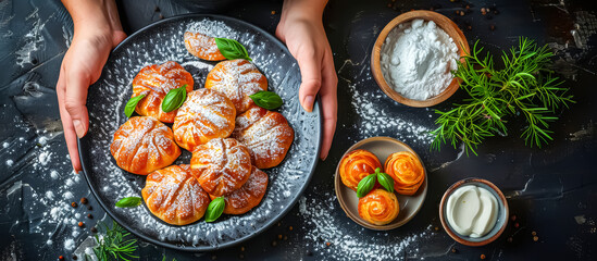 hands of cook serving a Kouign-Amann. Kouign-Amann is a Breton pastry made with layers of buttery, flaky dough folded and caramelized with sugar - obrazy, fototapety, plakaty