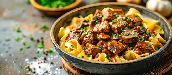Beef Stroganoff is a classic Russian dish made with thinly sliced beef with onions and mushrooms in a rich and creamy sauce made from sour cream