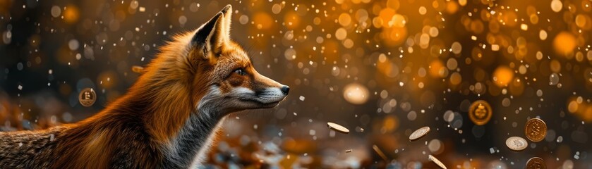 A cunning fox gazes at a shower of falling golden coins. - obrazy, fototapety, plakaty