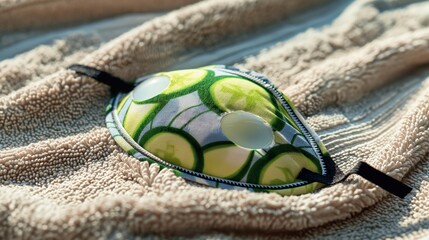 A cooling gel eye mask with cucumber print, lying on a terrycloth beach towel. - Powered by Adobe