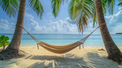 A compact, portable hammock tied between two palm trees on a deserted beach, inviting relaxation.