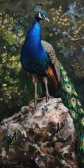 Obraz premium Peacock Standing on Rock. A Beautifully Painted Picture of Majestic Peacock in Calm Surrounding
