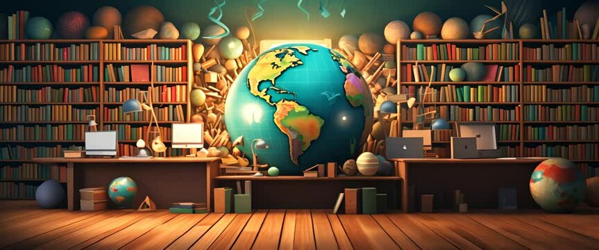 3D globe showing worldwide digital learning platforms, flat, online education library background,